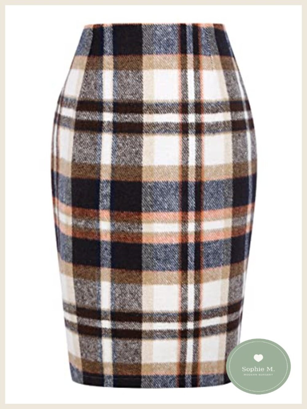 Wool Pencil Skirt with Slit High Waist Knee Length Plaid